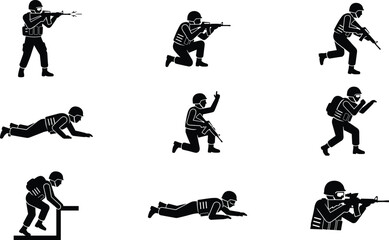 Military Special Forces Soldier Silhouette Icon Set in Various Tactical Combat Poses, Actions, and Weapon Drills