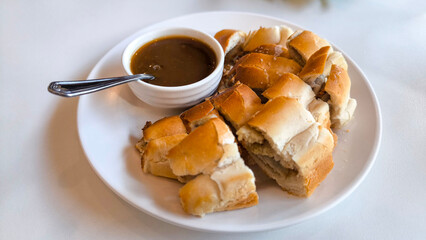 Baked Bread Pieces with Caramel Dip Dessert Snack