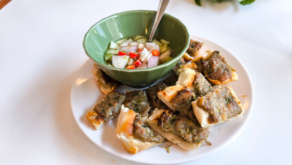 Thai Pork Toast with Sweet Dipping Sauce, Cucumber and Shallots