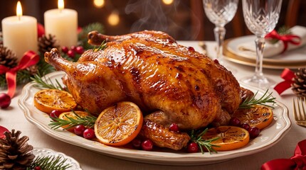 A beautifully roasted golden turkey garnished with orange slices and cranberries sits on a festive holiday table with candles, pine cones, and warm bokeh lights.