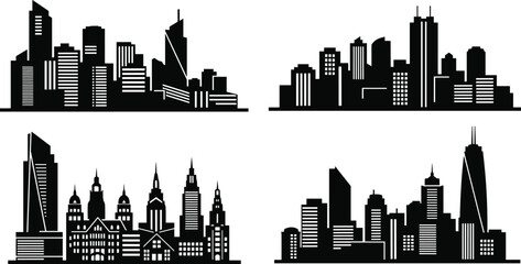 Fototapeta premium Modern City Skyline Silhouette Vector Set with Urban Skyscrapers, Downtown Buildings, Architecture Icons, and Metropolitan Cityscape Outlines for Graphic Design