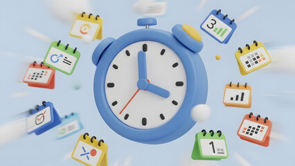 A blue clock surrounded by small calendars, representing the concept of time management