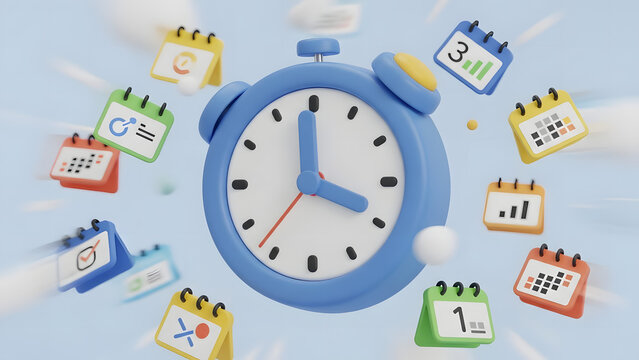 A blue clock surrounded by small calendars, representing the concept of time management