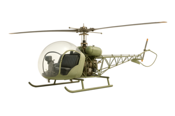 A vintage green helicopter with a bubble canopy visible engine and open tail boom frame