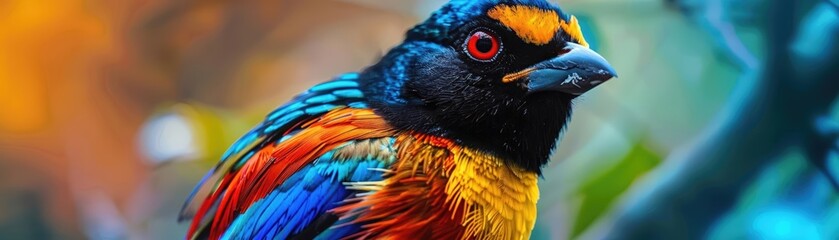 Artistic close-up photo of a colorful bird, focusing on its detailed feathers and vivid hues, showcasing the beauty and diversity of wildlife
