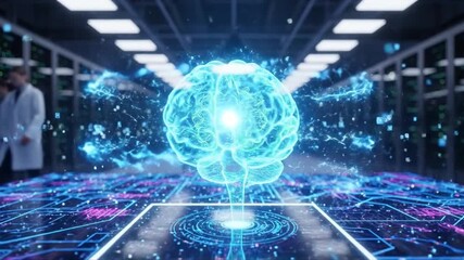 Digital Brain hologram in futuristic data center with scientists, artificial intelligence concept - Powered by Adobe