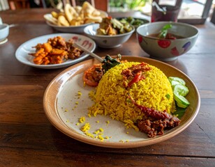 Nasi kuning Indonesia tradisional dengan lauk pauk komplit di meja kayu