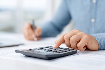 Accountant using calculator to perform financial calculations on documents at desk, showcasing professional workspace with focus on precision and detail in accounting tasks