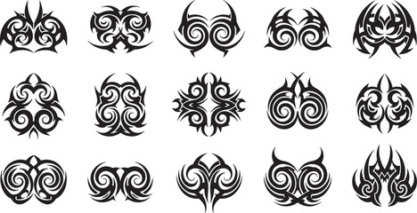Tribal tattoo designs featuring abstract illustrations of flames and swirling patterns on a white background