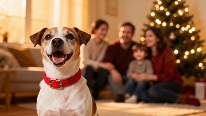 Dog with family near Christmas tree