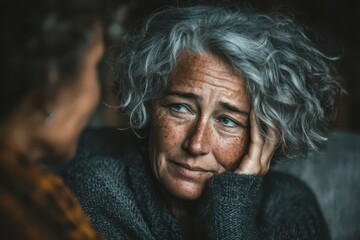 Thoughtful older woman resting her head on her hand in close-up portrait