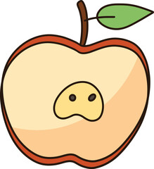 A cartoon red apple cut in half.