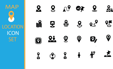 The graphic is organized into a grid of 24 unique icons, each representing a specific concept related to geography, tracking, and logistics. To the left, a large feature panel showcases a primary map.