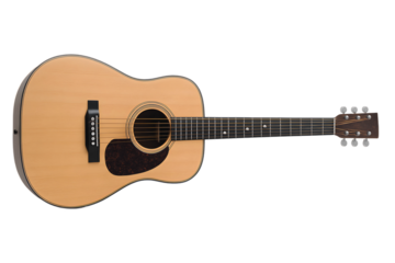 Standard acoustic guitar with natural wood finish and round sound hole