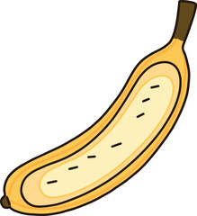 A cartoon of a yellow banana cut in half.