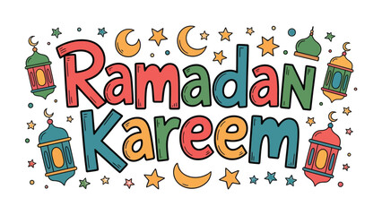Ramadan Kareem: A festive and vibrant graphic design celebrating the holy month, featuring colorful typography and traditional decorative elements.