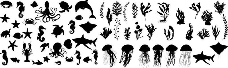 Marine silhouette set, jellyfish, seaweed, fish, sharks vector