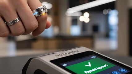 User pays with smart ring using nfc contactless technology at payment terminal - Powered by Adobe