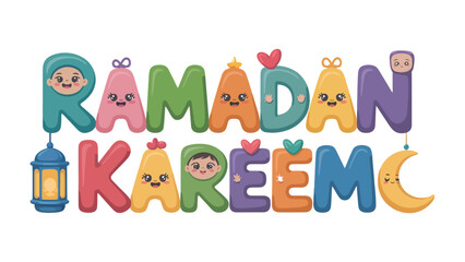 Fototapeta premium Ramadan Kareem: A festive and vibrant graphic design celebrating the holy month, featuring colorful letters and cheerful illustrations