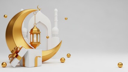 Elegant 3D Render of Islamic Celebration Elements Golden Crescent Moon, Ornate Lantern, and Gift Box on a Serene White Background for Festive Occasions