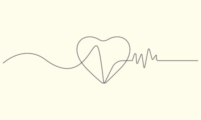 Heart shape with a pulse line in continuous drawing style for cardiology