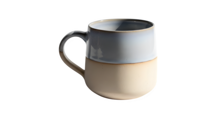 Ceramic coffee mug with light blue and beige glaze, studio shot of handmade pottery cup isolated on transparent background