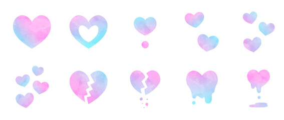 さまざまなハートのシンプルな手描き水彩イラストセット ピンク 水色 グラデーション