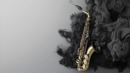 Obraz premium Elegant Saxophone Surrounded by Flowing Black Smoke on Gray Background