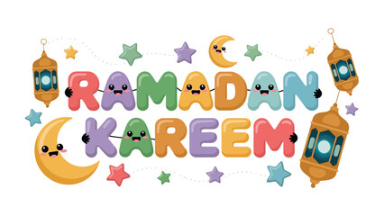 Obraz premium Ramadan Kareem: A vibrant and whimsical illustration captures the essence of the holy month, featuring playful characters and traditional lanterns and stars.
