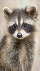 Obraz premium cute baby raccoon portrait, fluffy fur, soft natural light, pastel background