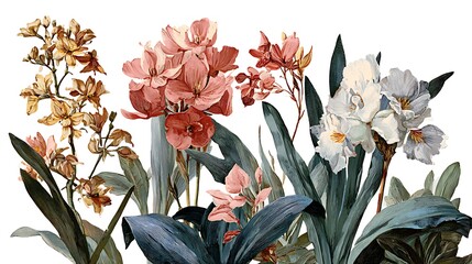 Assortment of winter flowers and plants displayed on a clean white background for a serene botanical showcase from a front viewpoint.