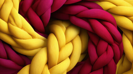 An abstract close-up displays the intricate intertwining of thick yellow and red braided yarn creating a visually striking and warmly textured composition.
