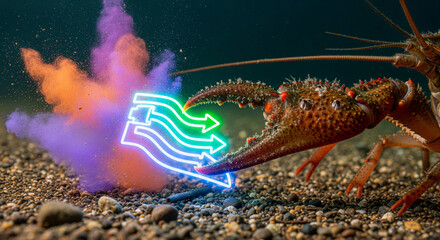 A crayfish filters a glowing neon flow icon underwater creating a vibrant powder explosion