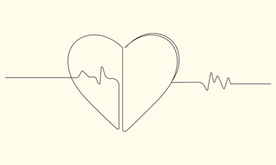 Heart shape with a pulse line in continuous drawing style for cardiology