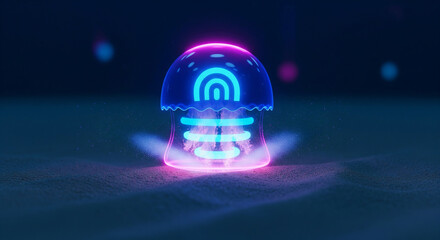 A futuristic jellyfish with a glowing neon wifi icon transmitting a wireless signal underwater