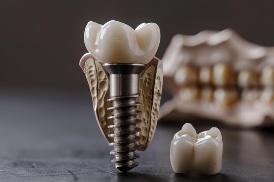 Dental implant standing in a jaw bone model with a blurred teeth model in the background