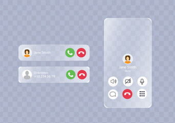 Liquid glass call screen interface, incoming push notification interface. A modern transparent glassmorphism ui for incoming and active phone calls on a smartphone. This image presents a contemporary 