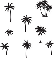 A set of tropical palm tree silhouettes and vector leaf illustrations designed for a summer beach paradise landscape featuring a sunset over the ocean and a coconut island travel scene