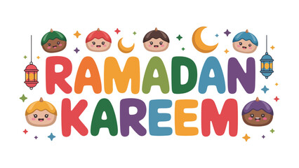 Ramadan Kareem Illustration: Festive and colorful Ramadan Kareem illustration with smiling character, moon and lanterns, is perfect for sharing the blessings of Ramadan.