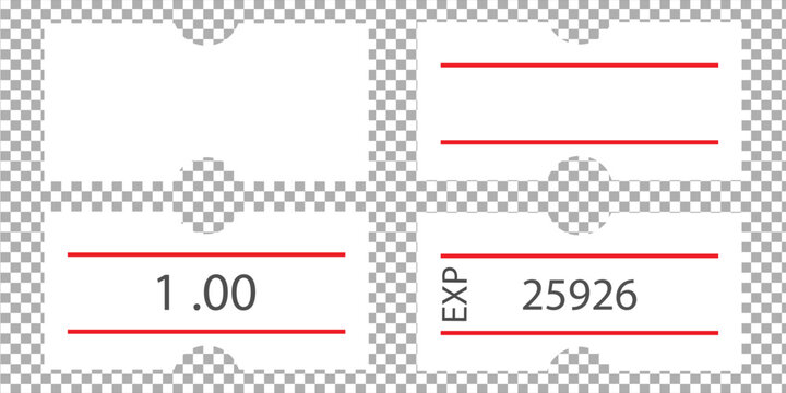 Self-adhesive paper price tag with two red stripes. Blank price label. White sticker to indicate the expiration date. Vector illustration isolated on transparent background.