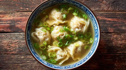 Overhead shot of wonton soup with scallions in a blue and white bowl on a wooden surface