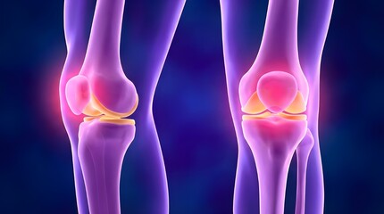 Chronic knee pain and orthopedic treatment concept, glowing painful area on skeletal leg model.