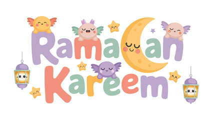 Obraz premium Ramadan Kareem: A festive and vibrant graphic design celebrating the holy month of Ramadan, with crescent moon, star and ornaments.