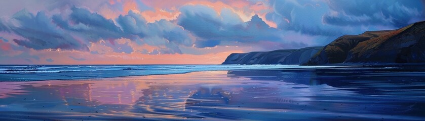 Blue ocean beach at sunset, dramatic lighting and colors