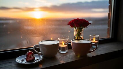 Sunset serenity with roses and coffee