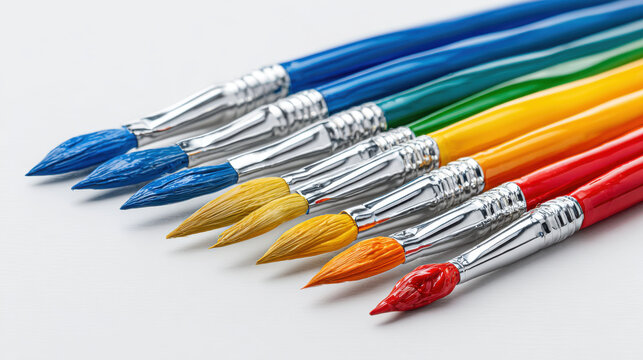 Colorful paint brushes arranged in a row on a white surface. These vibrant paintbrushes are perfect for any creative project, adding a splash of color to your artwork