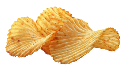 Stacked, ruffled potato chips, golden brown, crisp edges on black background