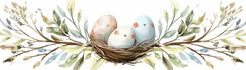 Birdnest eggs cute watercolor ai