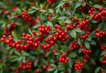 Lush branch adorned with a vibrant, extensive string of bright red berries, creating a natural, repeating pattern,  branch,  garden