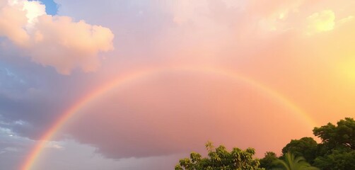 Vibrant arc across a sun-drenched sky, after a warm rain shower, nature's joyful spectacle,  sunshine,  arc